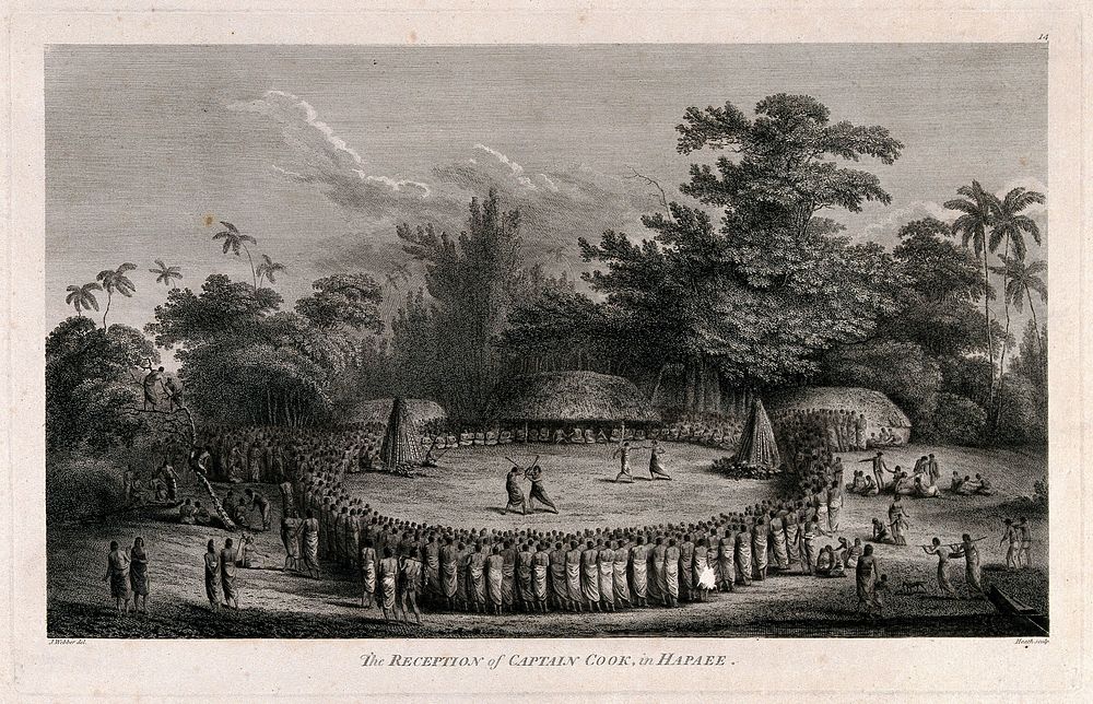 Two pairs of men fighting in combat, watched by a crowd, on the island of Lifuka, Tonga, May 1777, in honour of Captain…
