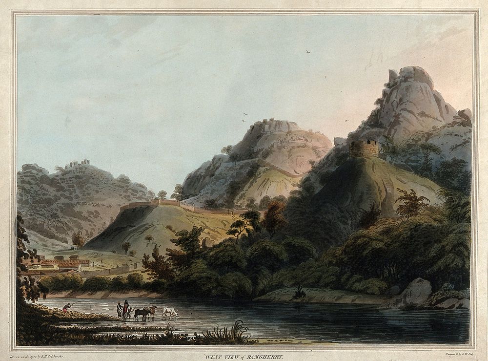 Mountains at Ramagiri, near Mysore, Karnataka. Coloured aquatint by John William Edy after Robert H. Colebrooke, c. 1794.