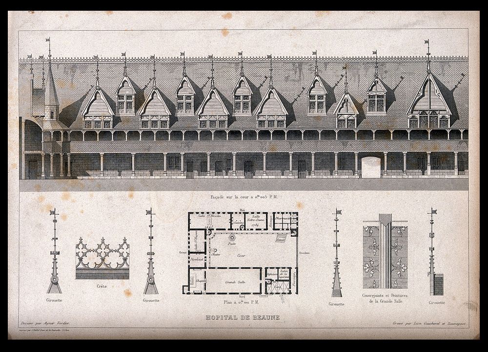 Architectural details of the roof of Beaune hospital, including a floor plan. Line engraving by L. Gaucherel and Sauvageot…