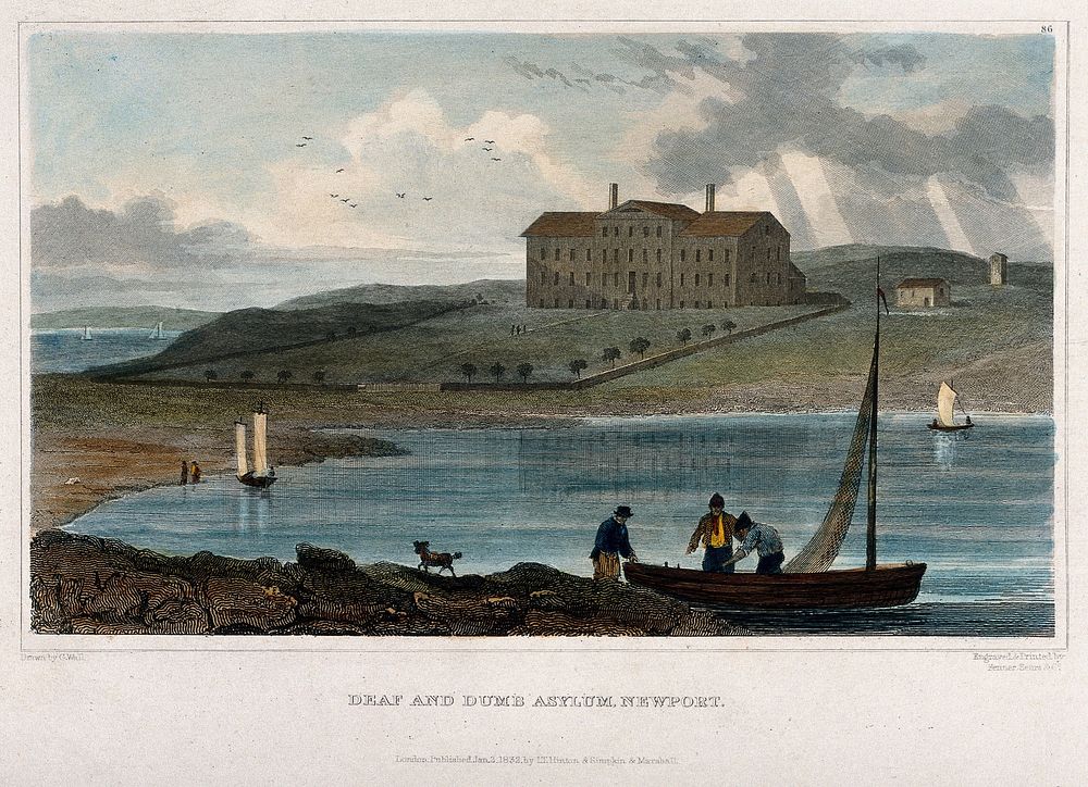 Deaf and Dumb Asylum, Newport, Kentucky: view from the river. Coloured line engraving by Fenner Sears & Co., 1832, after G.…