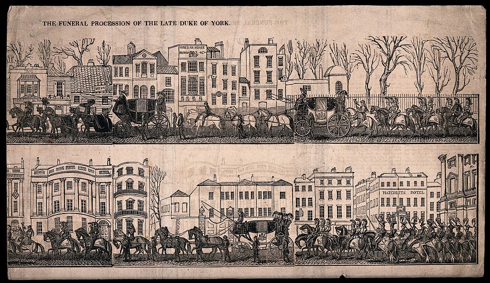 The funeral procession of the Duke of York in 1827. Wood engraving.