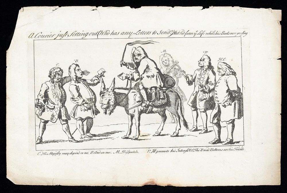 Robert Walpole, Earl of Orford, with a whip in one hand and a letter in the other, mounted on an ass with a human head.…