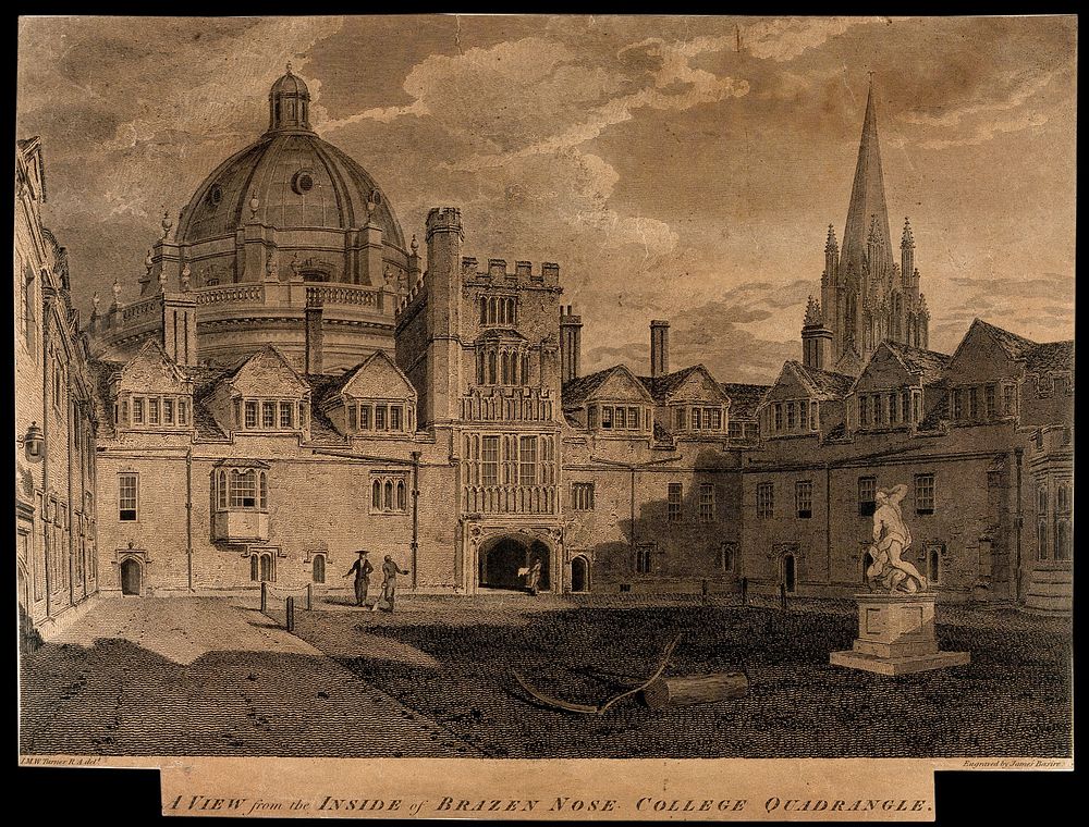 Brasenose College, Oxford: quadrangle, with St. Mary's Church and the Radcliffe Camera behind. Line engraving by J. Basire…