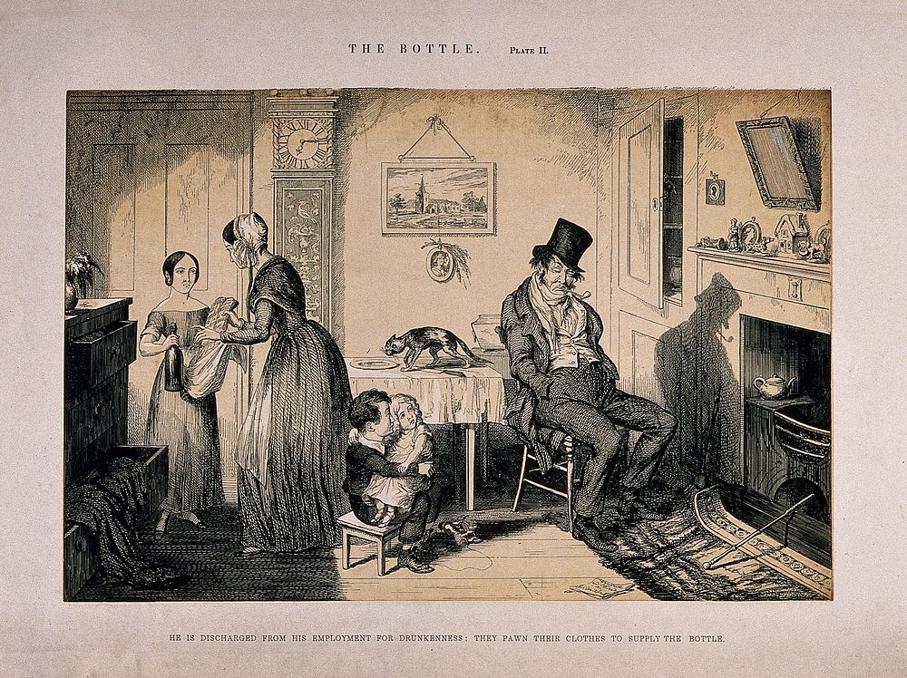A drunken man sits at home with his family who must pawn their clothes to pay for his habit. Etching by G. Cruikshank, 1847…