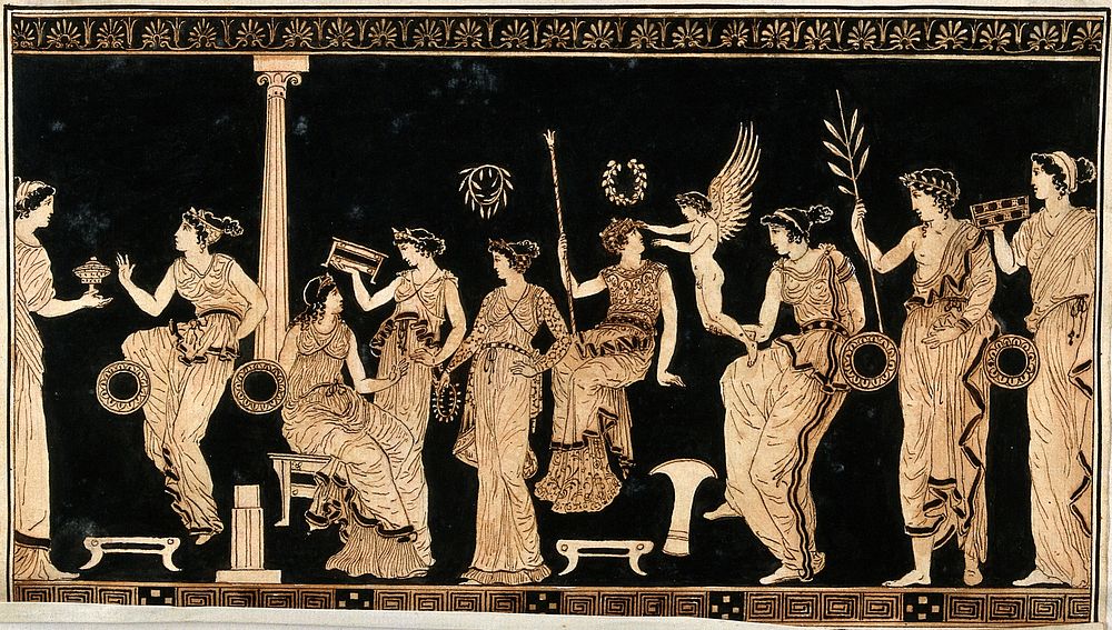 Detail of a frieze decorating a Greek red-figured vessel (probably a vase) representing a group of richly dressed young…