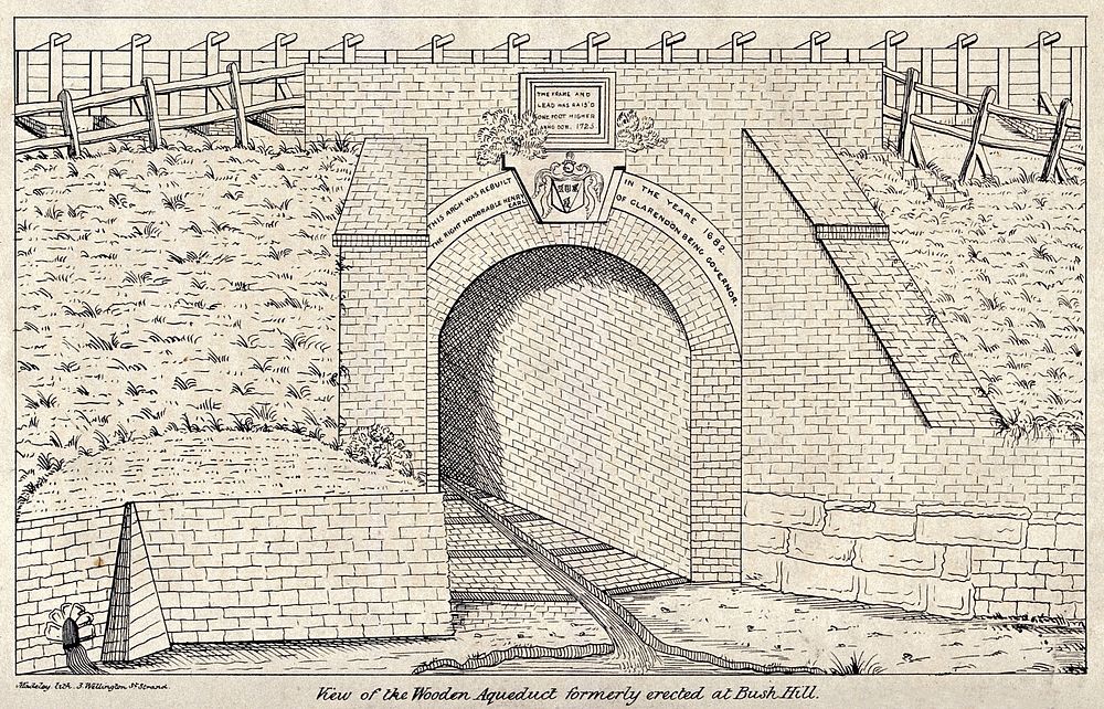A wooden aqueduct on the New River at Bush Hill near Enfield, North London. Lithograph.