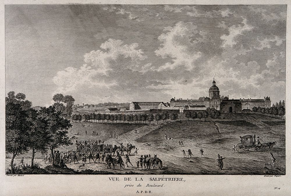 Hôpital Salpêtrière, Paris: panoramic view. Line engraving by M.A. Duparc, 1789, after J. Savard.