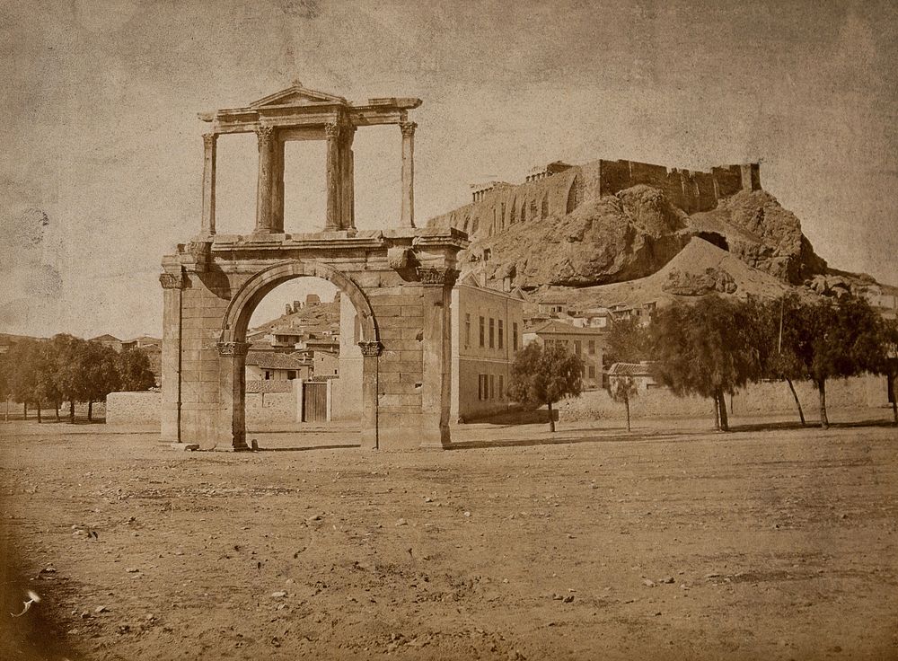 The Arch of Hadrian, Athens, Greece; the Acropolis in the background. Photograph (by Petros Moraites ), ca. 1870.