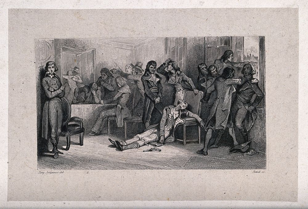 The arrest of Robespierre after his failed suicide attempt. Steel engraving by A. Revel after T. Johannot.
