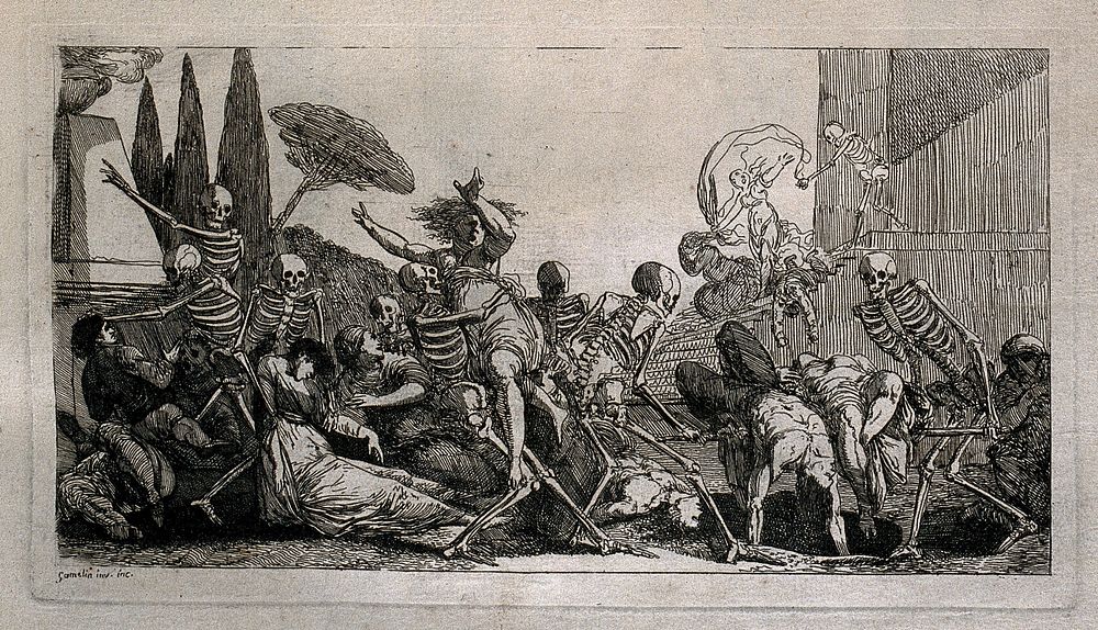 Skeletons carrying people off to the grave. Etching by J. Gamelin after himself, 1778/1779.