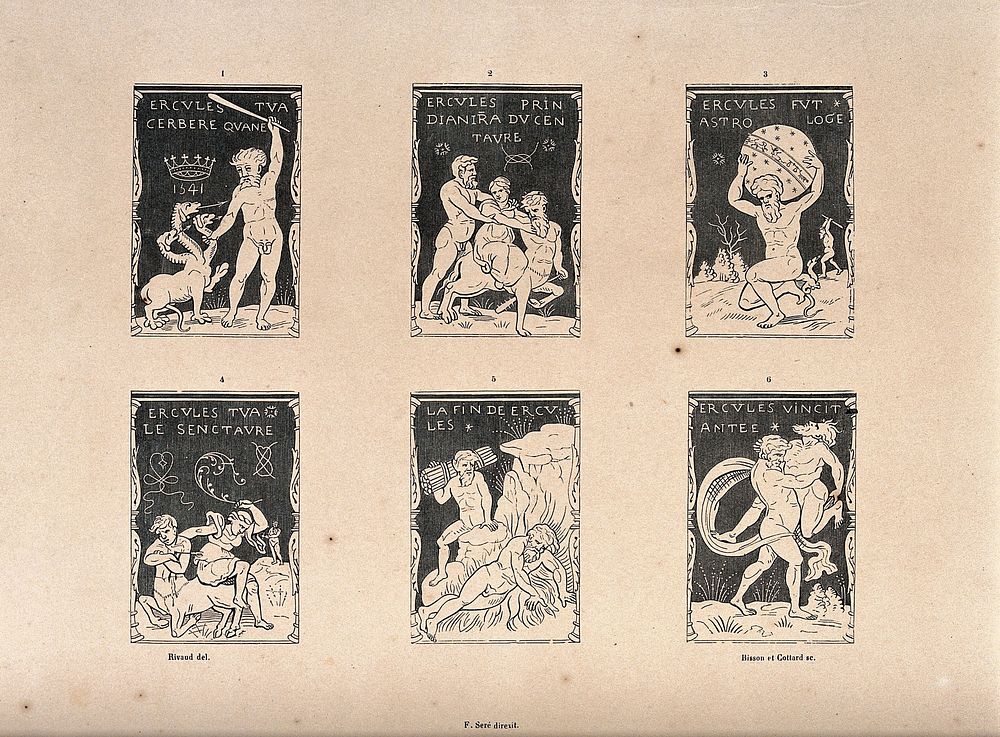 Hercules: six episodes in his life. Wood engraving by Bisson and Cottard after A. Rivaud.