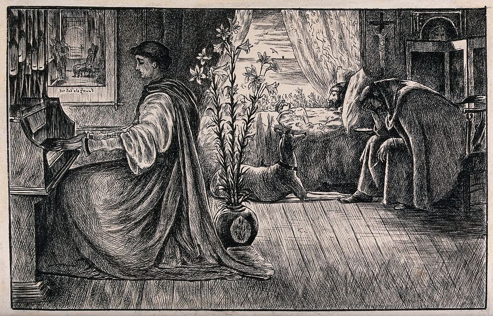 The deathbed of a man: a tonsured monk plays the organ while another monk mourns. Drawing by George du Maurier, 1883.