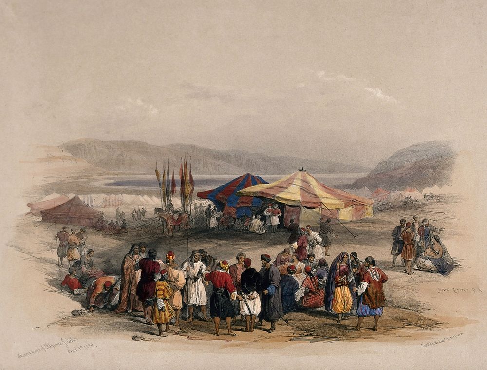 Tent of Achmet Aga, the governer of Jerusalem, with pilgrims at Jericho for Easter. Coloured lithograph by Louis Haghe after…