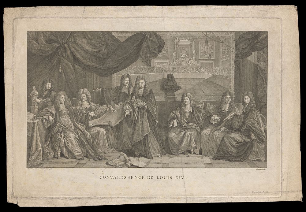 The aldermen of Paris reviewing plans for a statue of King Louis XIV; behind, seen in a mirror, the banquet held in 1687 to…