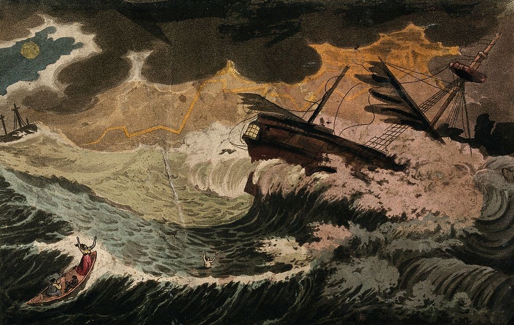 A ship caught in a storm; three people in a lifeboat in the foreground. Coloured aquatint, ca. 1820.