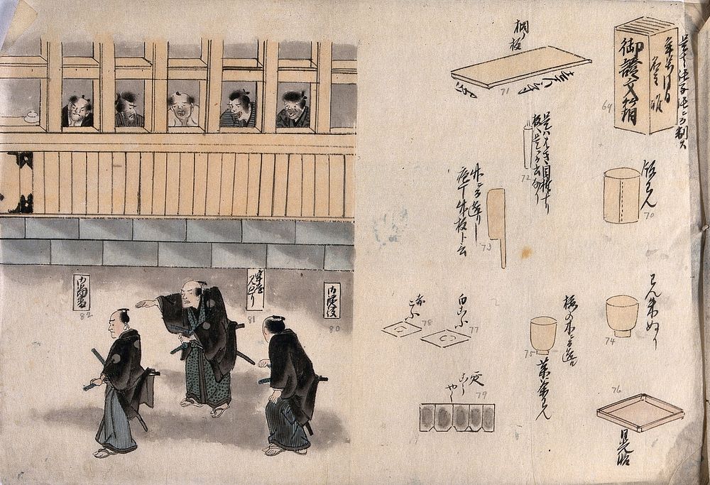 Objects of standard issue for Japanese prisons. Gouache painting by a Japanese artist, ca. 1850.