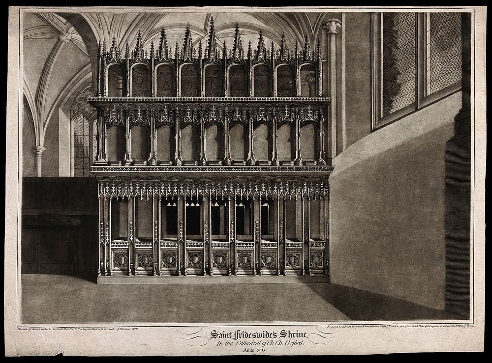 The shrine of Saint Frideswide in Christ Church cathedral, Oxford. Mezzotint by J. Jones after J. Roberts, ca. 1790.