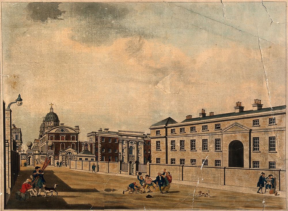 Royal Naval Hospital, Greenwich, a distant three-quarter view of the Hall and Chapel, looking east, the Infirmary in the…