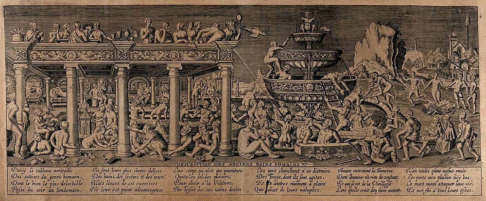 Men and women bathing in the fountain of youth, next to a bathhouse with a roof terrace where people disport themselves.…