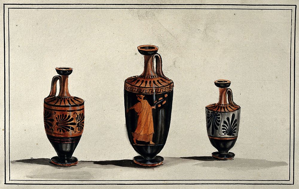 Three Greek wine-jugs (oinochoes); left and right vases decorated with palms; middle one decorated with a red figure draped…