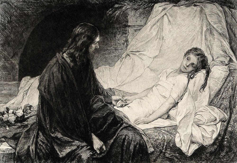 Christ sits at the bedside of Jairus's sickening daughter. Etching after G.C. von. Max.