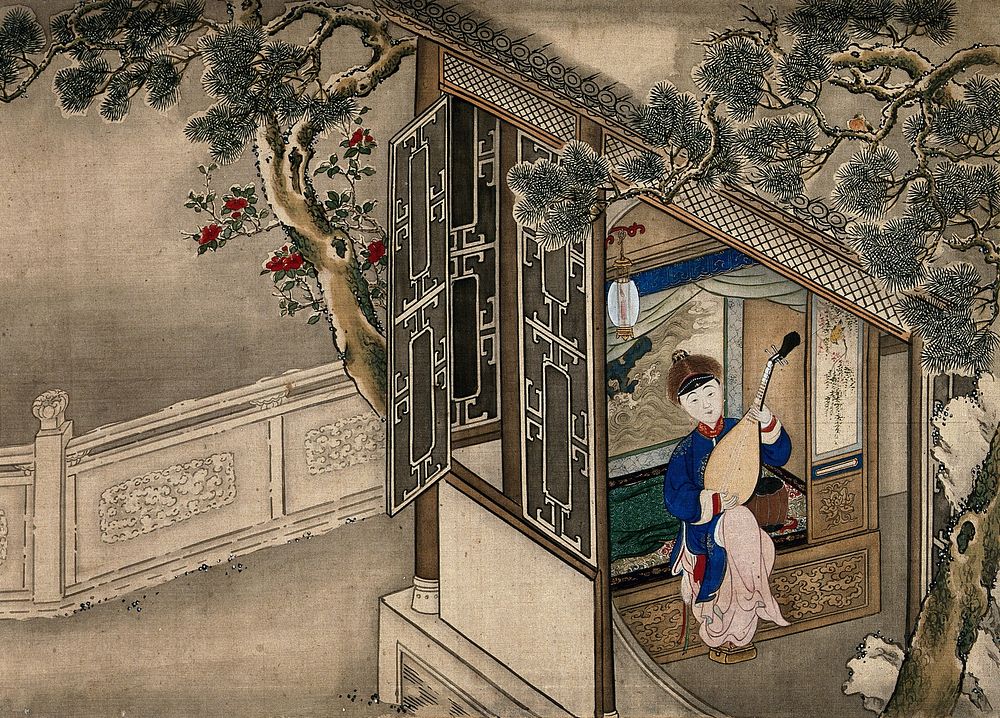 A Chinese lady , seated indoors, playing a string instrument at an open window; left, a carved stone wall. Gouache.