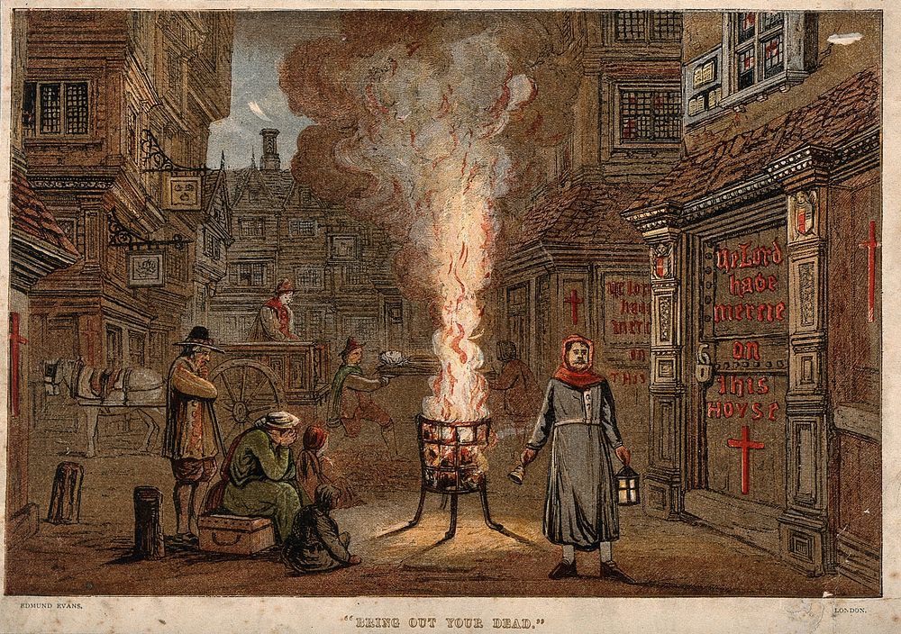 A street during the plague in London with a death cart and mourners. Colour wood engraving by E. Evans.