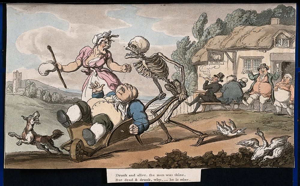 The dance of death: the sot. Coloured aquatint after T. Rowlandson, 1816.