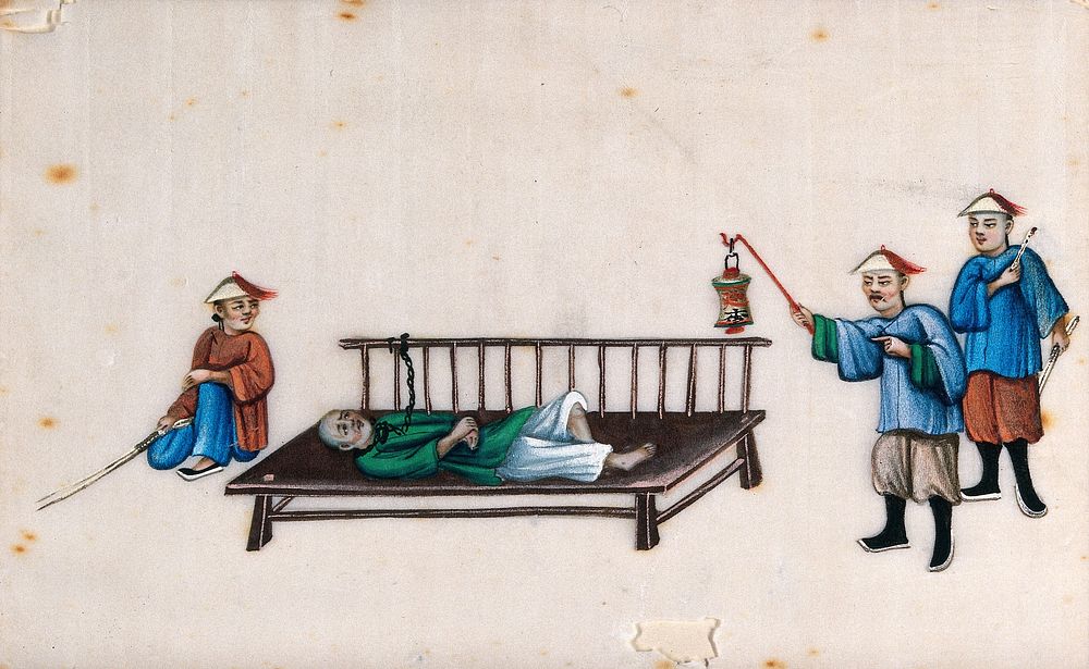 A Chinese man being subjected to torture while shackled to a bed or rack, surrounded by three torturers. Gouache painting on…