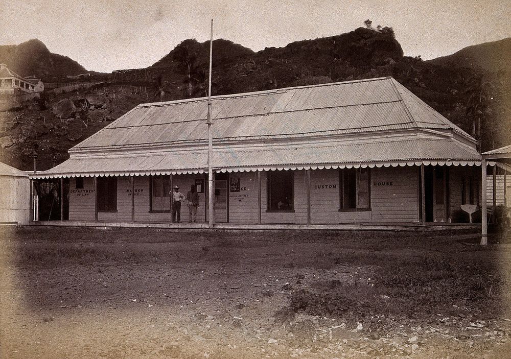 Levuka, Fiji: a wooden building housing the Custom House, Harbour Office and Department of Law. Photograph, ca. 1880.