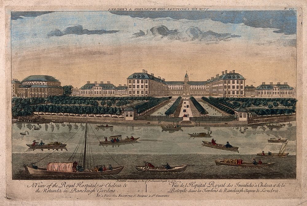 The Royal Hospital, Chelsea: aerial view of the building and grounds, looking from the Surrey side of the river. Engraving…