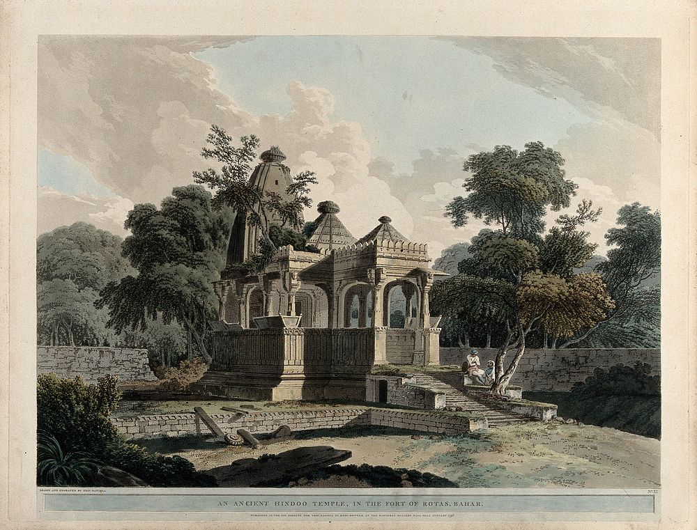 Hindu temple in the fort of Rotasgarh, Bihar. Coloured aquatint by Thomas Daniell, 1796.