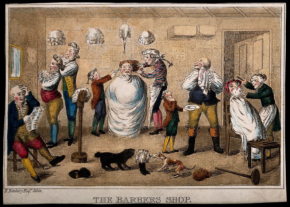A barber's shop. Coloured etching after W.H. Bunbury.