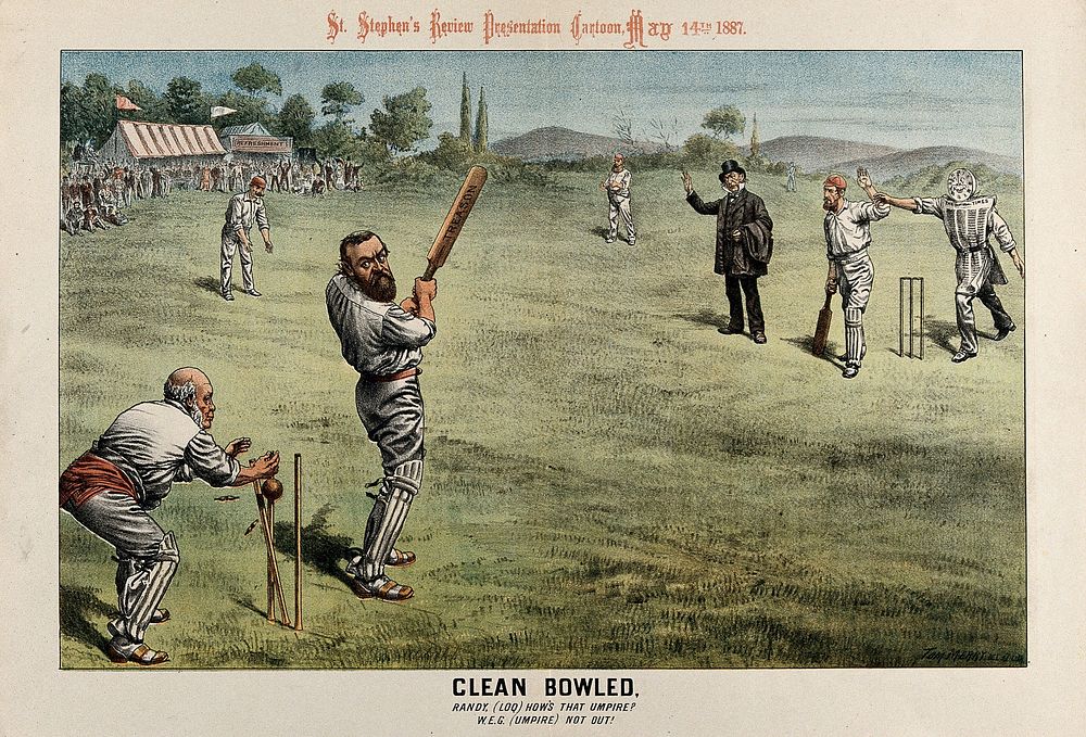British politicians playing cricket: Parnell, batting with a bat marked "treason" is bowled by The times newspaper. Colour…