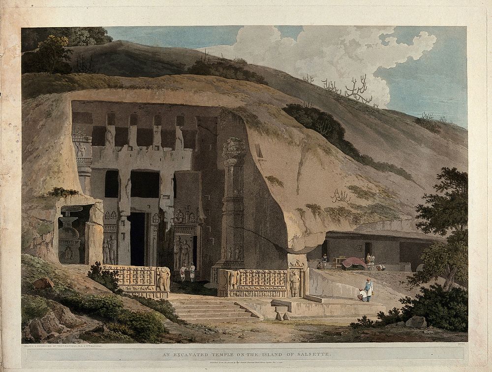 The Great Chaitya Temple on the island of Salsette, Maharashtra. Coloured aquatint by Thomas and William Daniell, 1799.