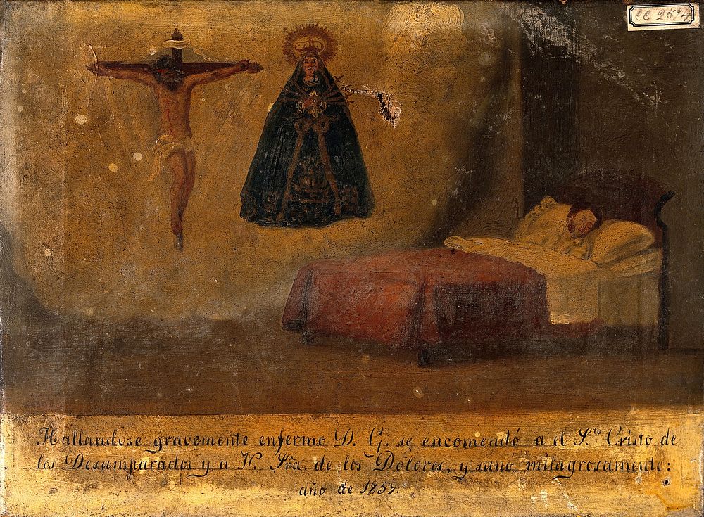 D.G., ill in bed, praying to Christ and the Virgin of the Seven Sorrows, 1859. Oil painting by a Spanish painter, 1859.