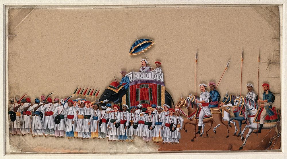 A high ranking man sitting under a parasol on an elephant, preceded by a group of soldiers on foot and followed by four…