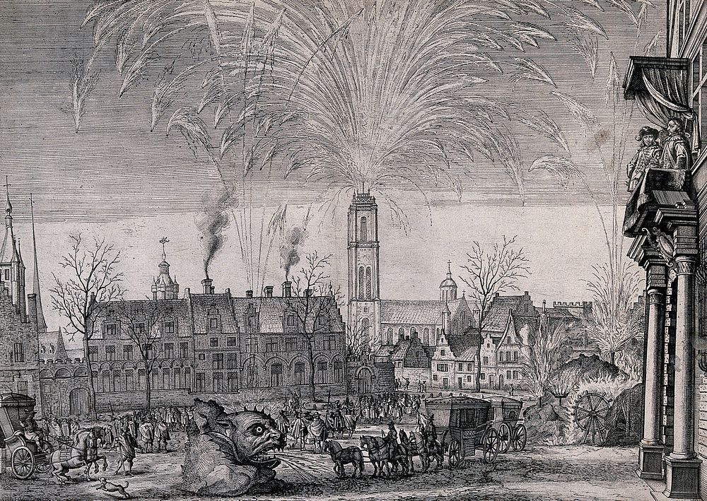A firework display at the entry of Ferdinand Infante of Spain into Ghent, 1636. Etching.