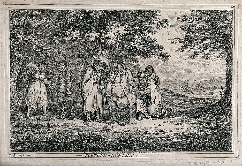 Two huntsmen in a clearing are surrounded by gypsies who read their palms as a decoy for stealing their belongings. Etching…