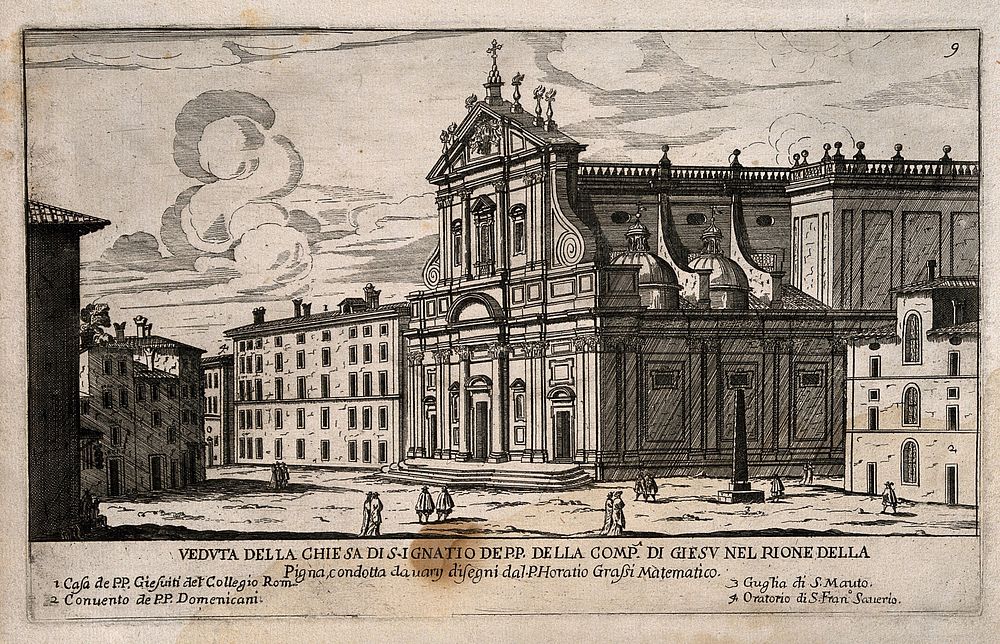 Church of St. Ignatius, Jesuit Pharmacy Hospital College, Rome: with a Benedictine convent and St. Mauro's monument. Line…
