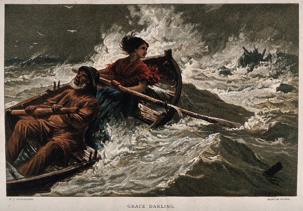 Grace Darling rowing out to sea in a furious storm. Colour wood engraving by E. Evans after C.J. Staniland.