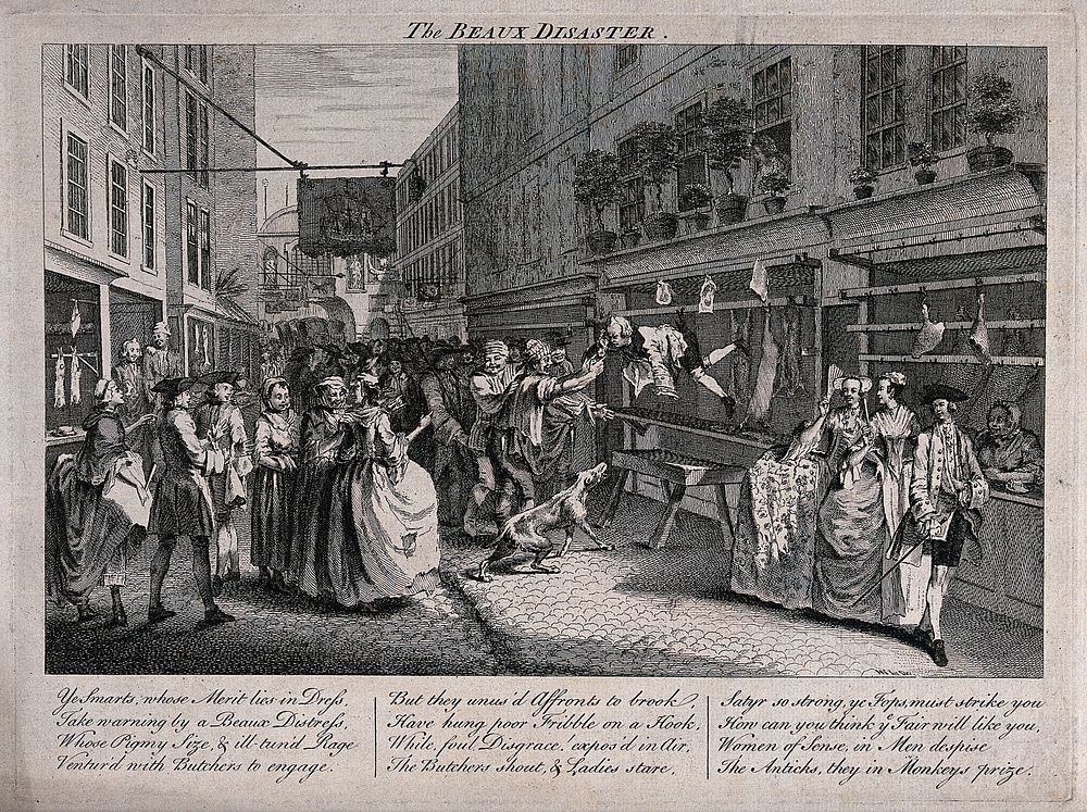 A man has been strung up on a pole along with carcasses, a crowd has gathered and they are making fun of him. Etching.