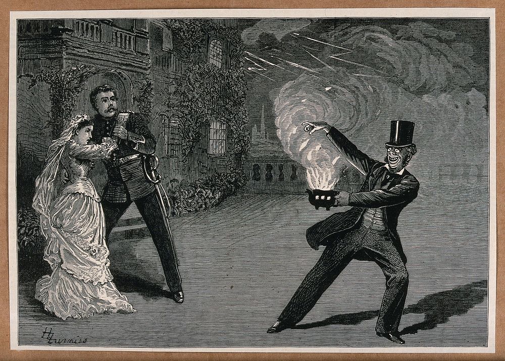A man in a soldier's uniform and a woman in a bridal gown are recoiling from a man in a top hat and evening dress who is…