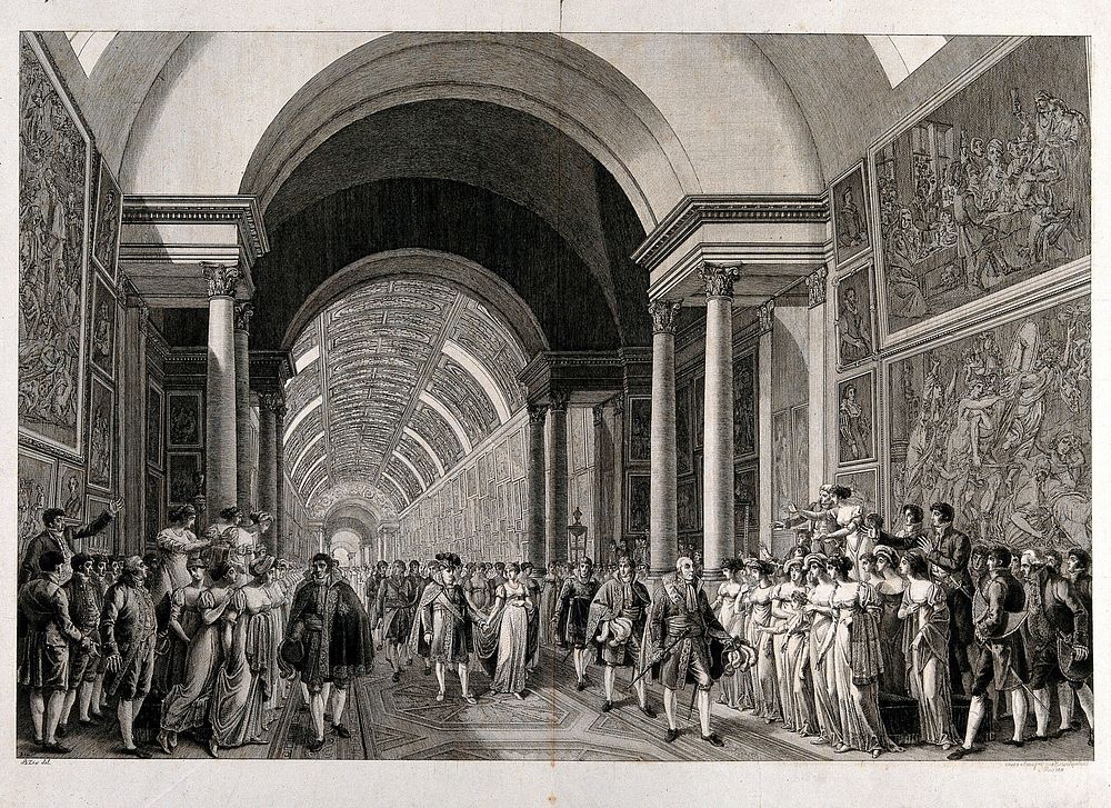 A festive procession led by Napoleon Bonaparte through the galleries of the Louvre passes jubilant courtiers. Etching by H.…