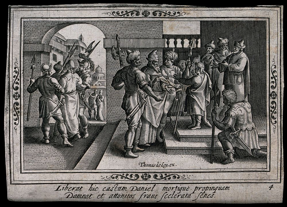 Soldiers bring Daniel before a throne to be judged. Engraving after M. de Vos.