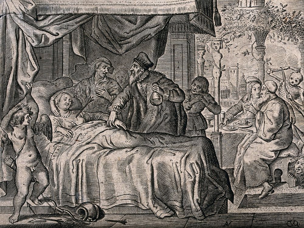 A woman whose chest is pierced by an arrow is being treated by a doctor. Etching by Crispyn van den Queborne after Adriaen…