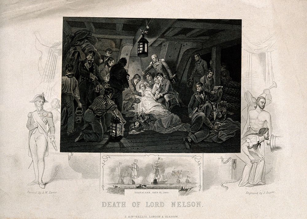 The death of Lord Nelson on the quarter deck aboard HMS Victory at the battle of Trafalgar. Engraving by J. Rogers after A.…