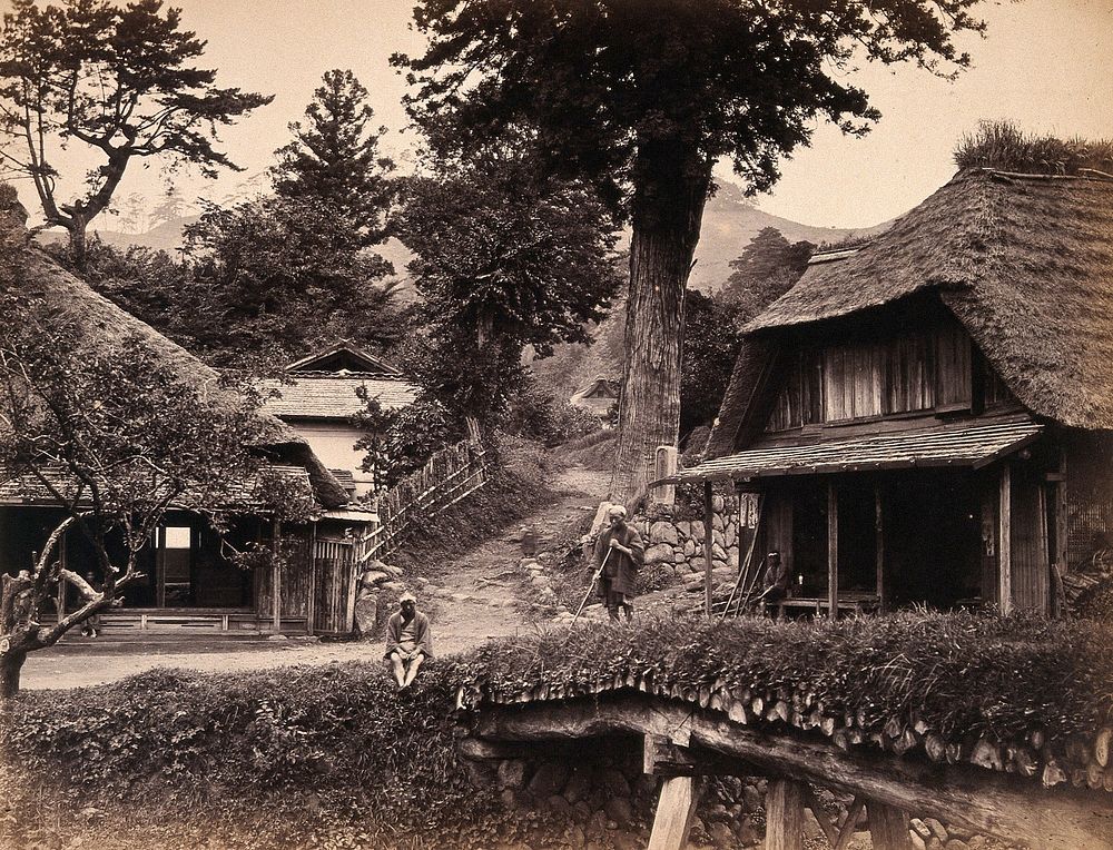 Eiyama, Japan: thatched cottages. Photograph by Felice Beato, ca. 1868.