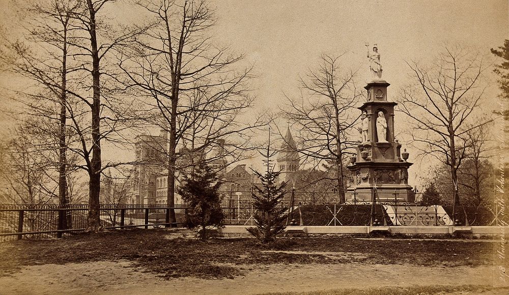 The Volunteers' Monument, University of Toronto, Canada: university buildings in the background. Photograph, ca. 1880, of a…