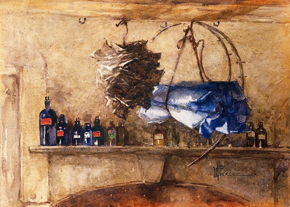 A shelf of bottles containing medicinal chemicals, with dried herbs suspended from a hook. Watercolour by Lucy Pierce.